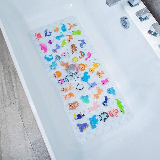Tapis de bain antidérapant rectangulaire avec des motifs d'animaux colorés à l'intérieur d'une baignoire blanche.