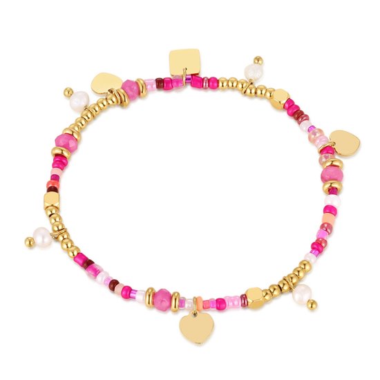 Twice As Nice Armband in goudkleurig edelstaal, roze en hartjes 18 cm