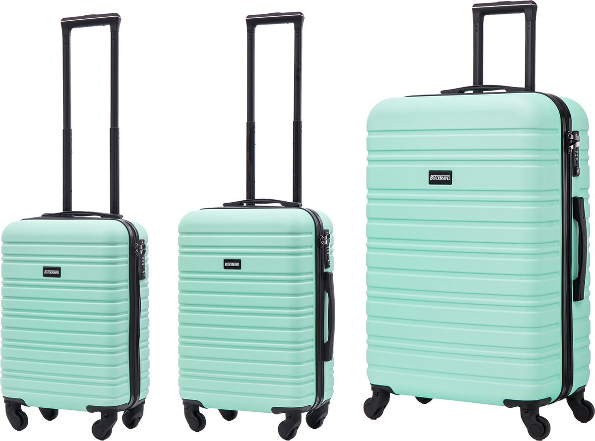 BlockTravel - kofferset - 3 delig - ABS - ruimbagage en handbagage - 29 39 en 74 liter - inbouw TSA slot - mint groen