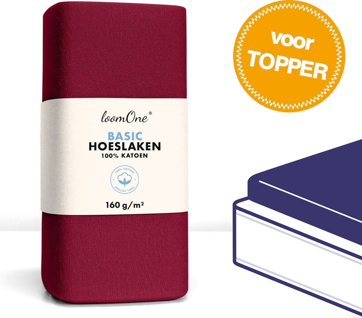 Loom One Hoeslaken Topper – 100% Jersey Katoen – 120x200 cm – tot 12cm matrasdikte– 160 g/m² – Wijnrood
