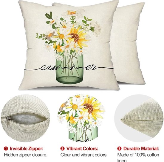 Cheekywares Kussenhoezen voor bank, waterdicht, linnen, 45 x 45 cm, bloemen, verschillende kleuren, vogel, fiets, lente, zomer, decoratief, voor balkon, terras, tuin, set van 4