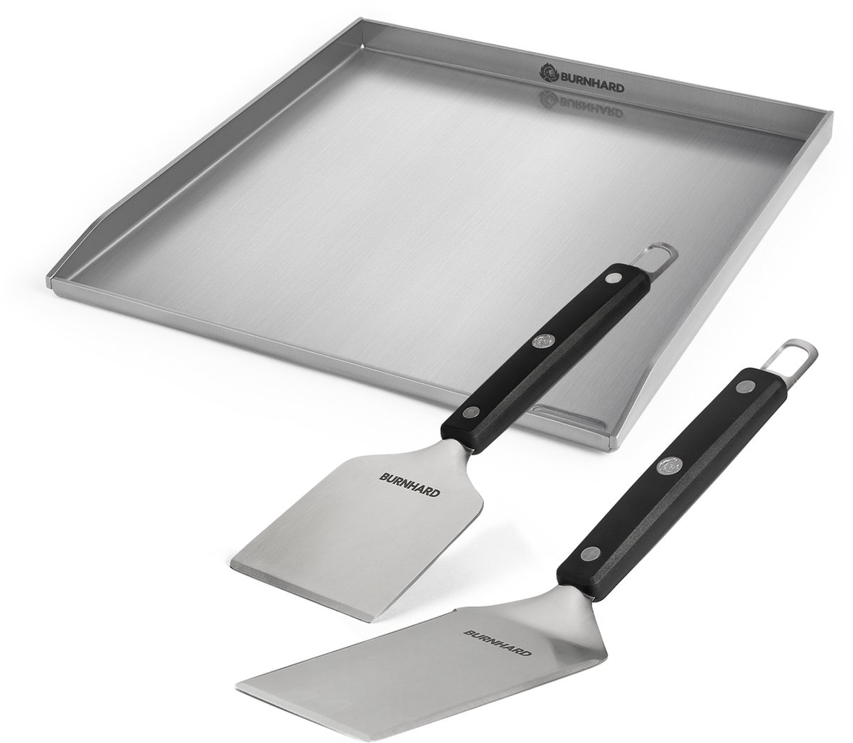 Plancha Set BURNHARD® 2-delig, roestvrij staal, ergonomisch, voedselveilig, slagvast, krasbestendig – Grillspatel en Grillschraper Set