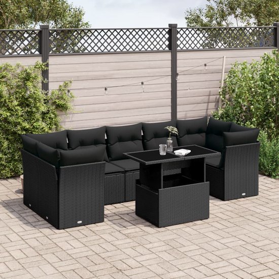 vidaXL - 8 pièces - Ensemble de salon - avec - coussins - poly - rotin - noir