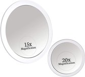 20X & 15X Vergrootspiegel Spiegel Make Up Mirror Combo Set met 3 Stick On Zuignappen voor make-up en pincet Wenkbrauwen - Extreem Sterke X20 Zoom - 15cm & Kleine 10cm Diameter