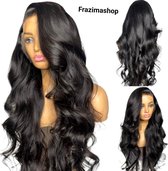 Frazimashop- Braziliaanse Remy pruiken 22 inch 55 cm golf haren Pre- Geplukt pruik - natuurlijk zwart 100%human hair 13x4 lace front wig