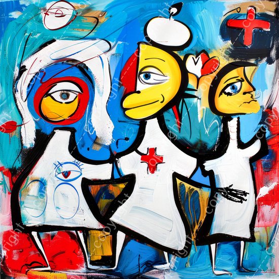 JJ-Art (Glas) 80x80 | Vrolijke verpleegsters, humor, Herman Brood stijl, abstract, kunst | vrouw, ziekenhuis, dansen, verpleegster, vierkant, blauw, rood, geel, wit, modern | Foto-schilderij-glasschilderij-acrylglas-acrylaat-wanddecoratie