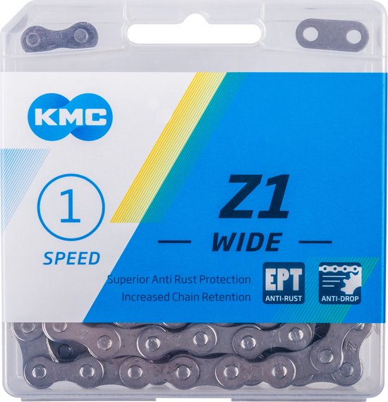 KMC Z1 WIDE 1 SPEED fietsketting in verpakking met anti-roest en anti-drop EPT coating.
