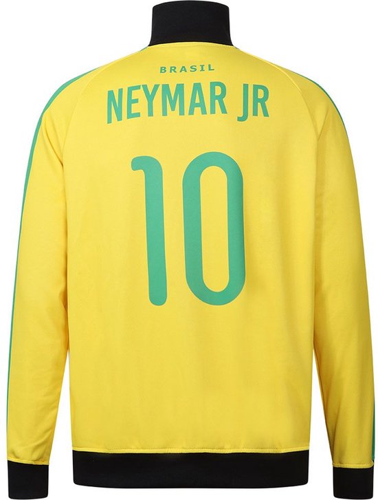 Achterkant van een gele trainingsjas met opdruk 'BRASIL NEYMAR JR 10' en groene strepen op de mouwen.