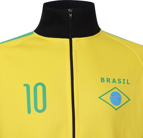 Gele trainingsjas met kraag, Braziliaans vlaglogo en nummer 10 op de borst, met groene strepen.