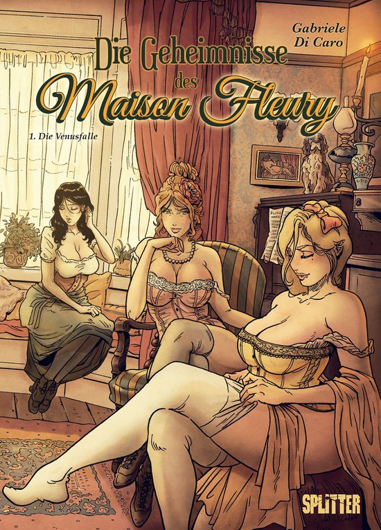 Drie vrouwen in een Victoriaanse kamer. De titel luidt "Die Geheimnisse des Maison Fleury 1. Die Venusfalle."