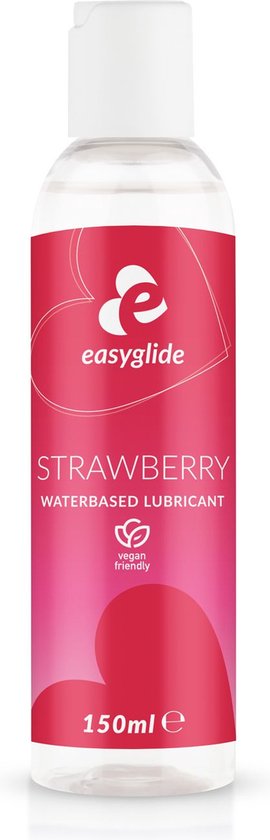 Flesje EasyGlide aardbei glijmiddel op waterbasis, met een roze label met witte tekst en logo.