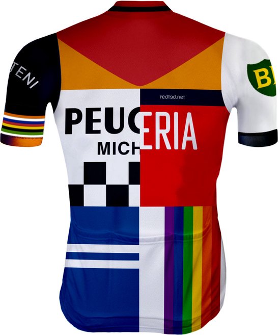 Maillot de cyclisme rétro multicolore avec le texte PEUGEOT MICHELIN et un motif à damier noir et blanc.