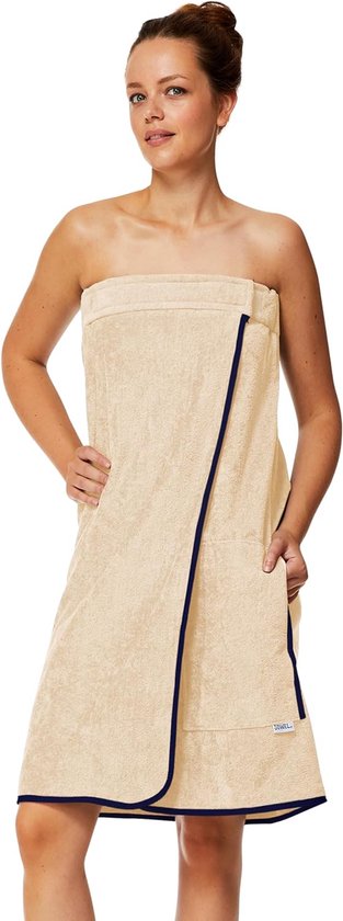 Saunakilt Dames, 100% biologisch katoen, saunahanddoek met klittenbandsluiting en elastiek, saunahanddoek knielang, 80 x 130 cm, zand/marineblauw