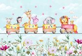 Fotobehang - vrolijke dieren in de trein - leeuw -olifant - zebra - giraff - nijlpaard - bloemen - kinderbehang - kinderkamer - Vliesbehang