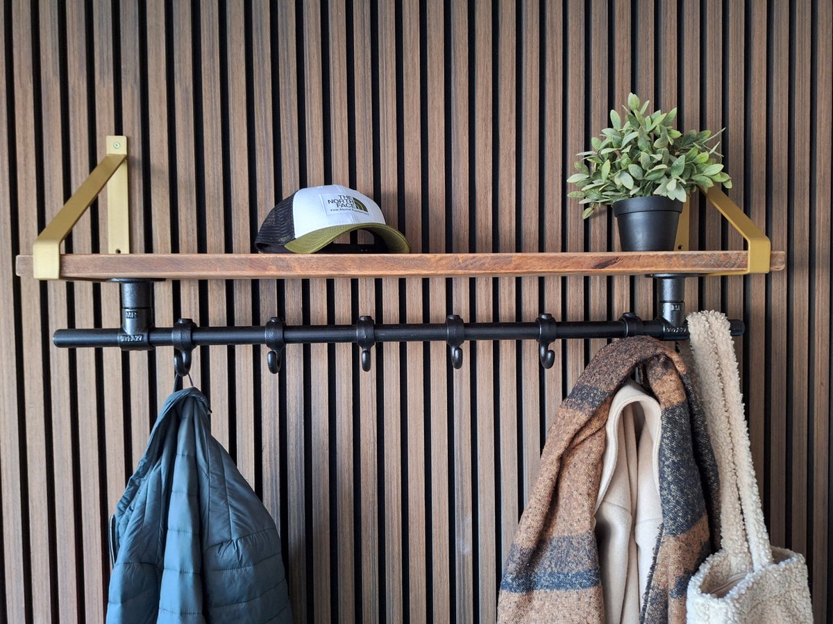 Hoexs - Wandkapstok Industrieel - Kapstok met Bovenplank - Mangohout - 90 Cm - 6 Haken - Metalen plankdragers Goud - Decoratie - Inclusief Bevestiginsmateriaal