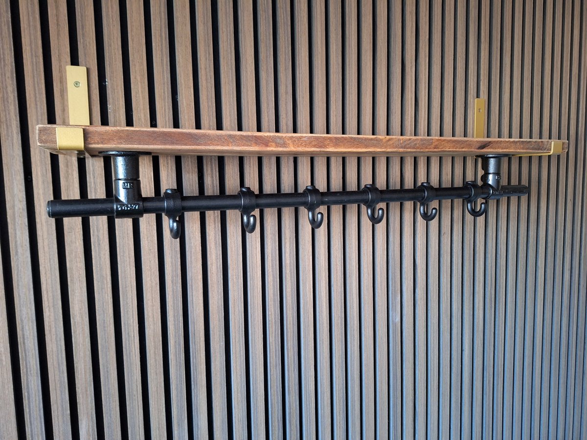 Hoexs - Wandkapstok Industrieel - Mangohout - Kapstop met Bovenplank - Stalen Plankdragers Goud - 70 Cm - 6 Haken - Inclusief Bevestigingsmateriaal - Decoratie