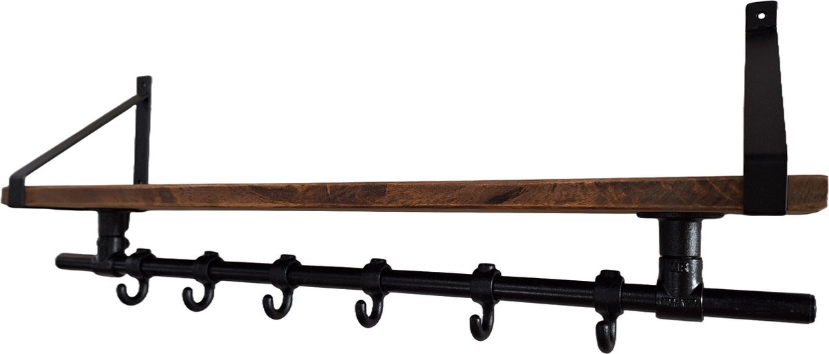 Hoexs - Wandkapstok Industrieel - Mangohout - Kapstop met Bovenplank - Stalen Plankdragers Zwart- 70 Cm - 6 Haken - Inclusief Bevestigingsmateriaal - Decoratie