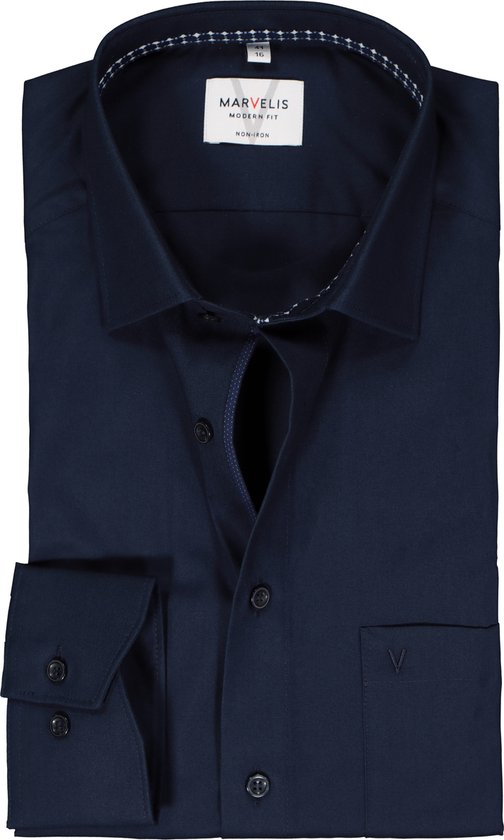 MARVELIS modern fit overhemd - popeline - donkerblauw - Strijkvrij - Boordmaat: 40