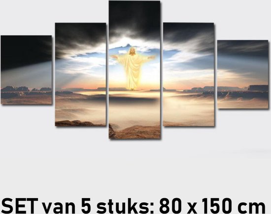 Allernieuwste.nl® SET van 5 stuks Canvas Schilderij * Jezus Waakt Over U * - Kunst aan je Muur - Realistisch - Kleur - 5-luik - 80 x 150 cm