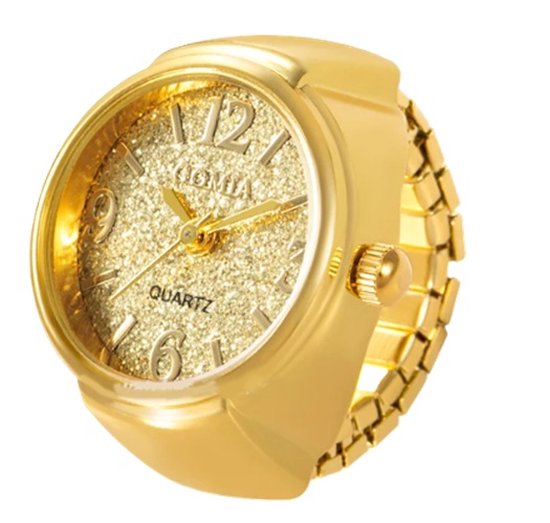 Ring horloge rekbaar goudkleurig met glitters - 2 cm dial - one size - I-deLuxe