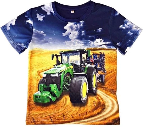 T-shirt avec John Deere , tracteur, bleu, imprimé en couleur, enfants, taille 110/116, cool, belle qualité !