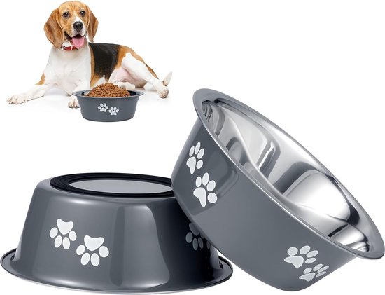 4-delige hondenvoerbakset van roestvrij staal met antislip siliconen basis, 800 ml, voerbak voor honden, 17,5 cm, geschikt voor kleine, middelgrote en grote honden en katten (grijs en blauwgrijs