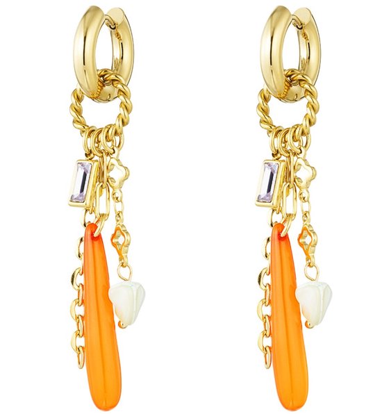 Joy Ibiza - pendel pegel bedel oorbellen - oorringen met rechthoek zirkonia zeeschelpje hanger - kettinkjes - oranje - klap scharnier - ear party boho - bohemian style - stainless steel - ip/pvd goldplated