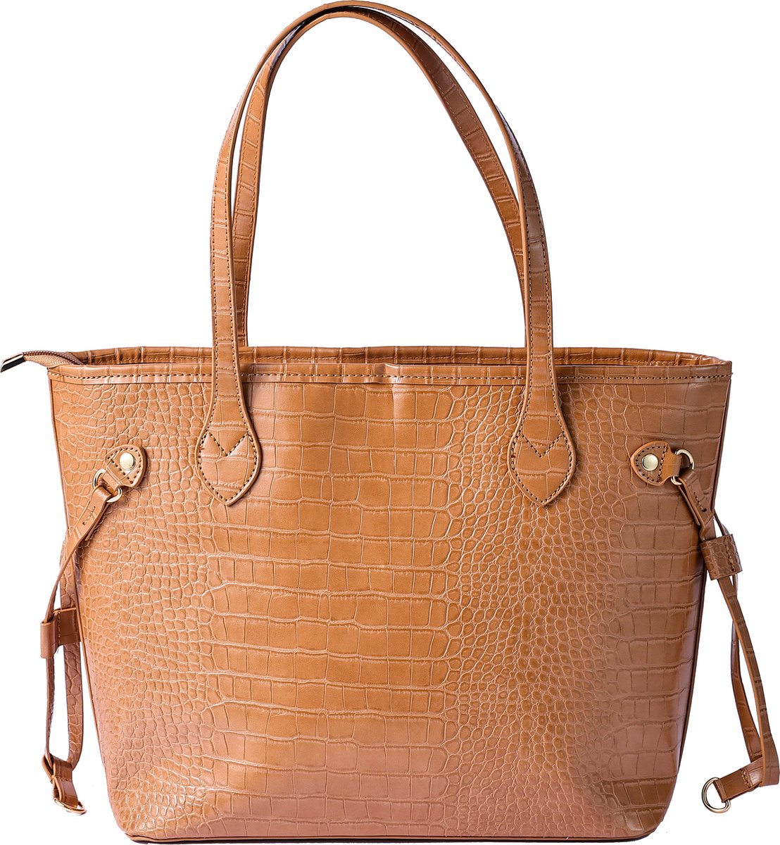 Nouka Grote Camel / Licht Bruine Dames Tas – met Krokodillen Patroon - Schoudertas – Shopper – Schooltas – Werktas – met Rits