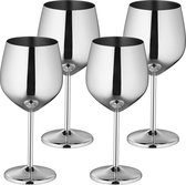 Relaxdays wijnglazen rvs set van 4 - onbreekbare rode wijn glazen - 400 ml - herbruikbaar - zilver