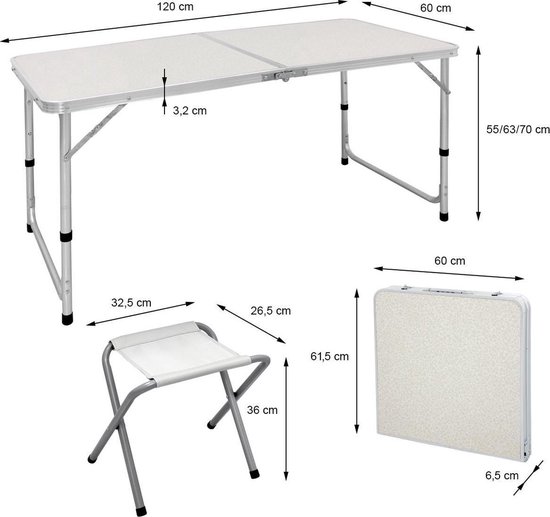 Campingtafel Inklapbaar met 4 Krukjes - 120 x 60 CM - In Hoogte Verstelbaar - Incl. handvat van Leusder. — afbeelding 4