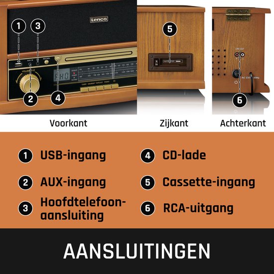 Classic Phono Retro Platenspeler - Bluetooth - Auto-stop -Radio CD en Cassettespeler - TCD-2551WD - Hout — afbeelding 2