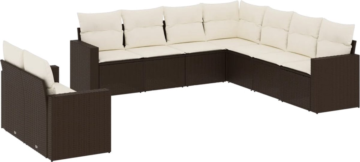 vidaXL 9-delige - Loungeset - met - kussens - poly - rattan - bruin