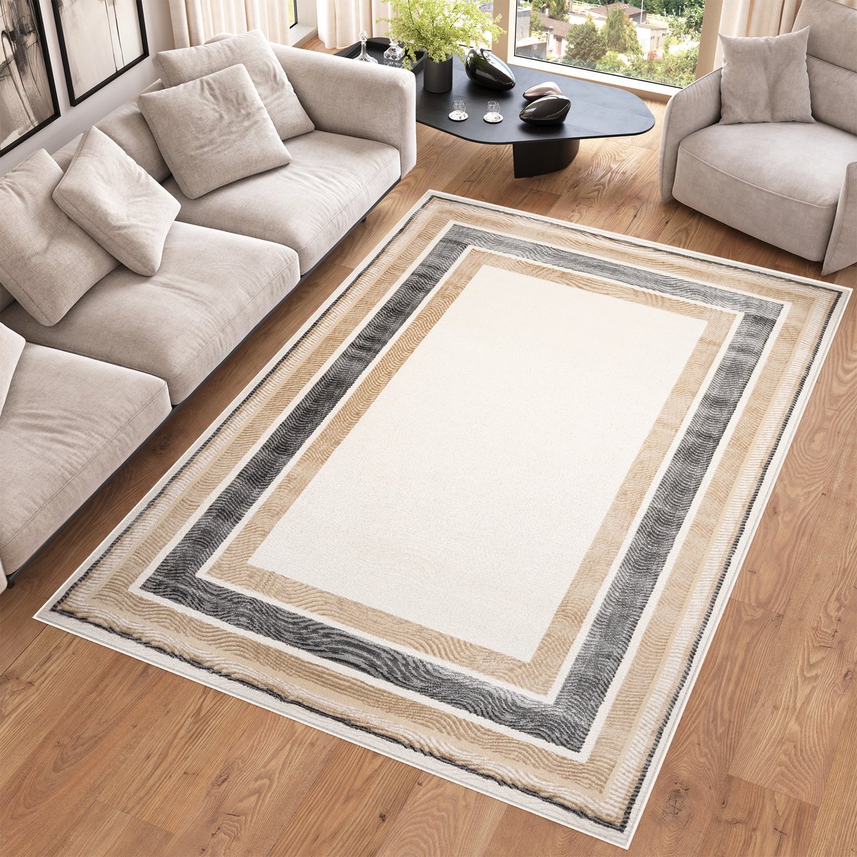 Tapiso Hera Vloerkleed Beige Grijs Laagpolig Woonkamer Frame Tapijt Maat- 160x220