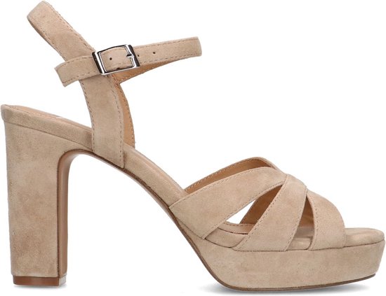 Manfield - Dames - Beige suède sandalen met hak - Maat 37