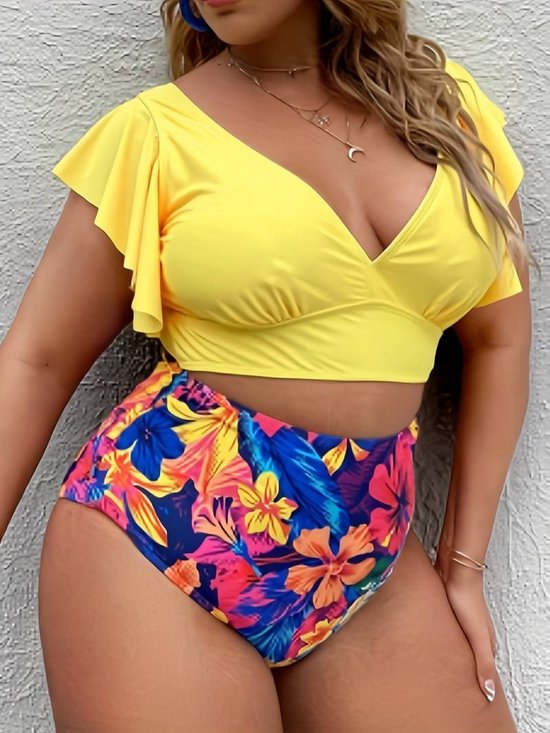 Bikini set- Plus size boho tankini set- ruches mouw V-hals crop top & tropische print tweedelige set- Dames badkleding badpak zwemkleding strandkleding 572- Geel- Maat XL