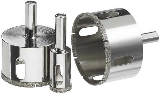 Drie zilverkleurige natboormoorkoppen van Carat met diamanten coating en sleufgaten in verschillende maten.