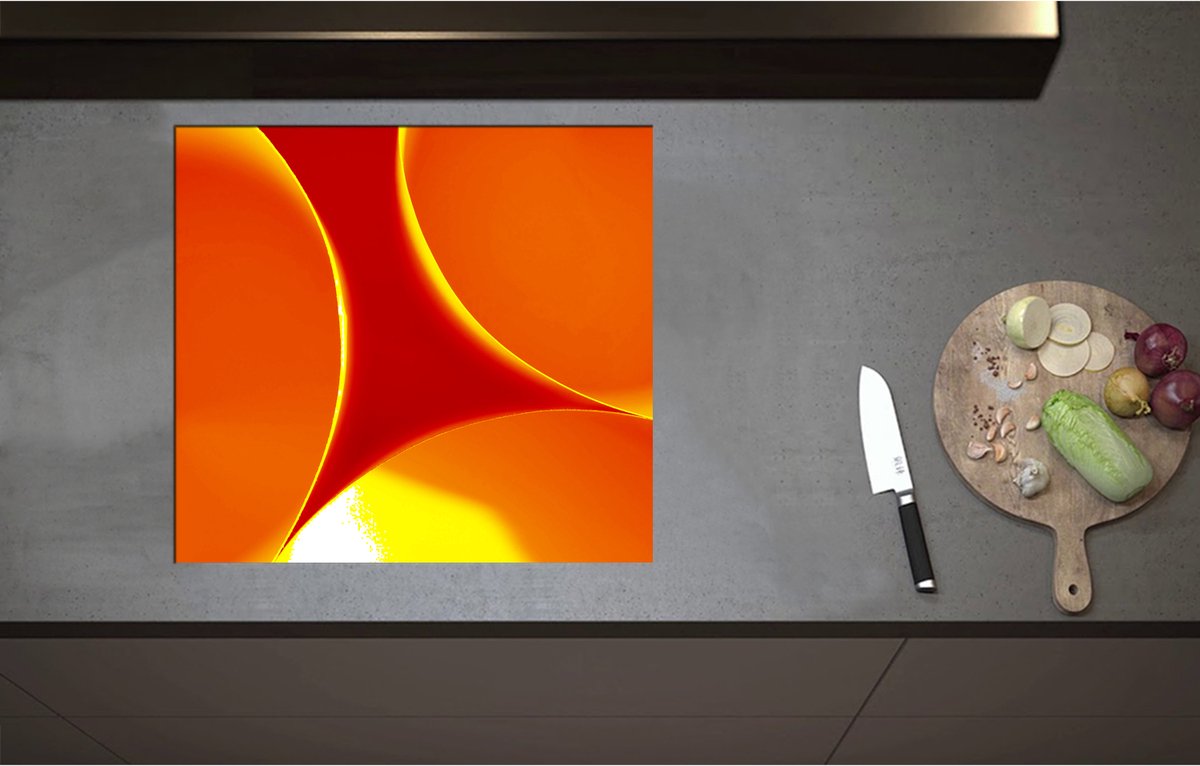 Inductieplaat Beschermer - Abstract - Achtegrond - Rondjes - Cirkels - Rood - Oranje - Geel - 60x55 cm - 2 mm Dik - Inductie Beschermer - Bescherming Inductiekookplaat - Kookplaat Beschermer van Wit Vinyl