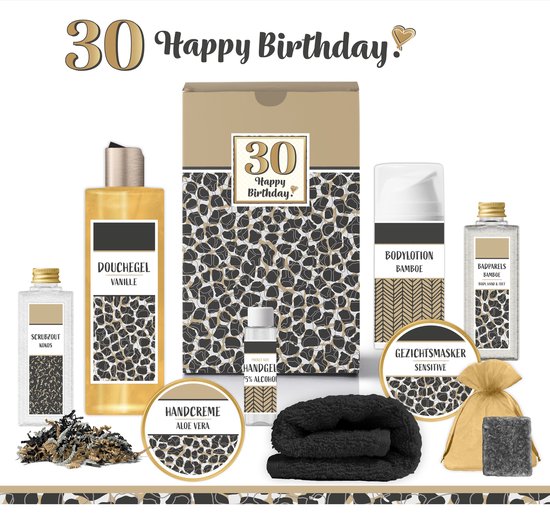 Foto: Geschenkset 30 jaar happy birthday 9 producten 800 gram giftset voor haar luxe wellness cadeaubox cadeau vrouw gefeliciteerd set verjaardag geschenk jarige cadeaupakket moeder vriendin zus verjaardagscadeau giraf