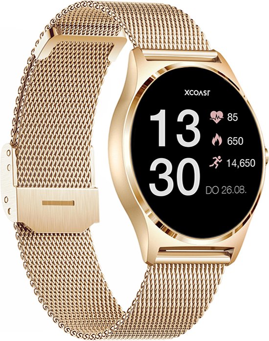 XCOAST JOLI smartwatch voor vrouwen (3,9 cm/1,3 inch, iOS en Android) fitnesstracker en sporthorloge voor vrouwen, nieuwste generatie, 1-delig, milanaise band met snelwisselfunctie, citrien goud, IP67, hartslagmeting, bloeddruk, bloedzuurstof, slaap