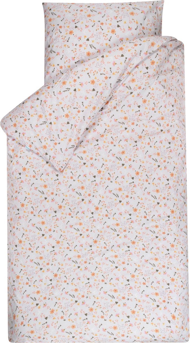 BINK Bedding Dekbedovertrek Saar 1-persoons 140 x 220 cm - kussensloop 60 x 70 cm - bloemen - vogels - voorjaar - roze - oranje - geel - eenpersoons