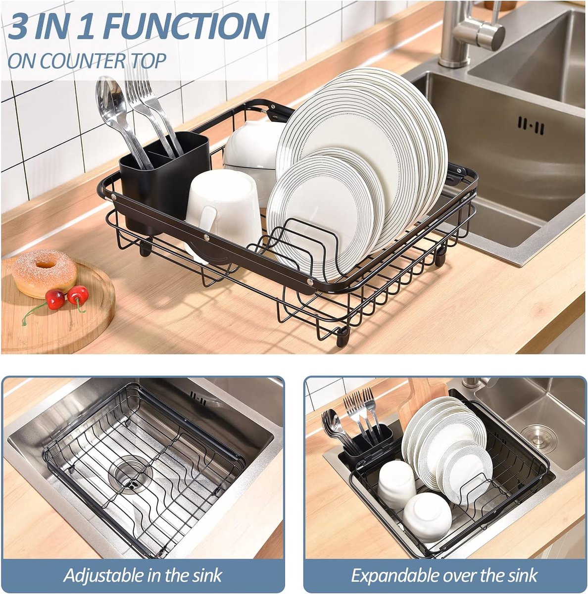 Goedkoopste Afdruiprek op gootsteen met bestekhouder, groot afdruiprek voor aanrecht met uitschuifbare beugel, anti-roest, zwart