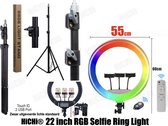 HiCHi® Ringlamp met statief - LED Ring Light 22inch met Sterke Statief 210cm - RGB Ringlamp 55cm 2x USB Port, 12V Touch ID, Remote Control, Bluetooth Afstandsbediening, 3x Telefoonhouder