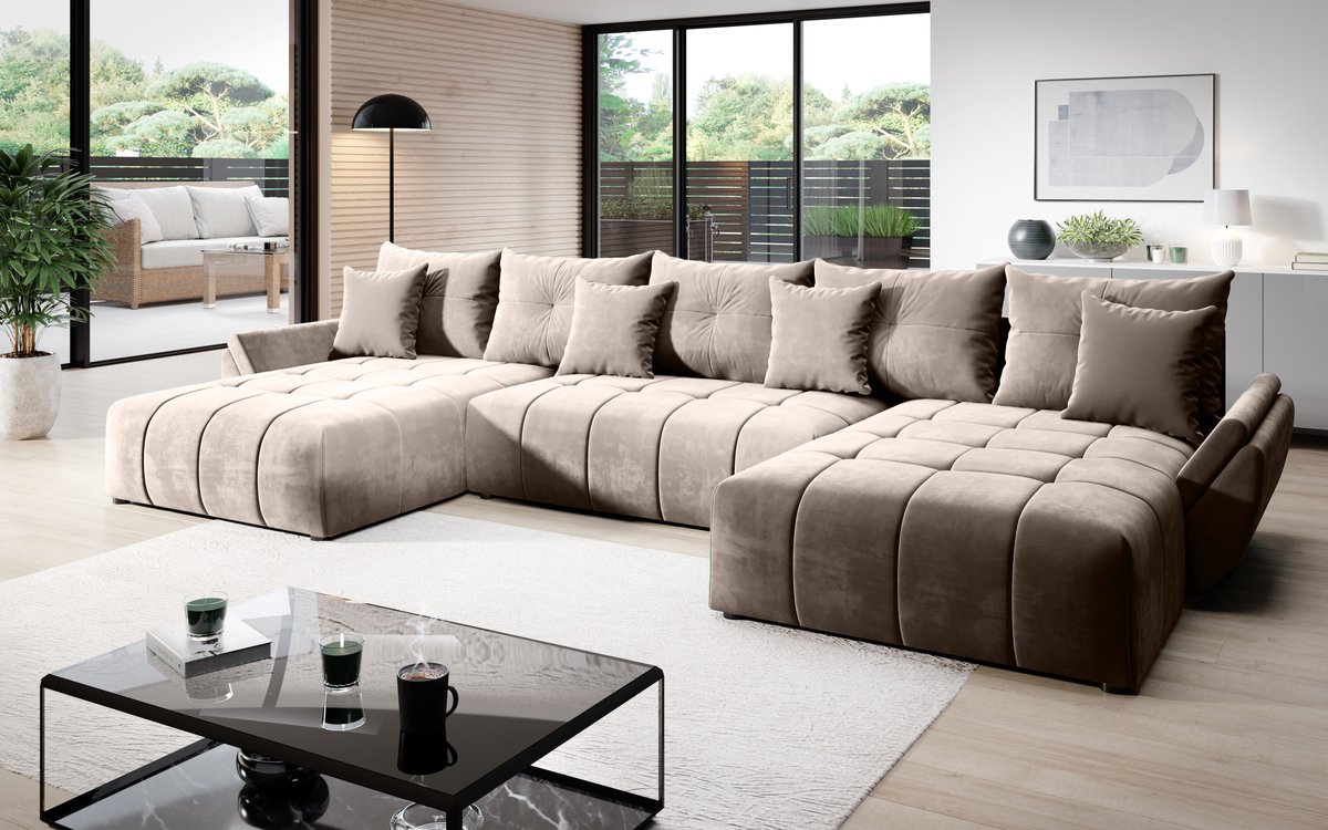 Hoekbank Domo U - Hoeksalon wooneiland Velvet Beige - Xl met Slaapfunctie en Opbergruimte - Universele lounge links of rechts