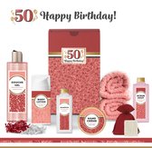 Geschenkset “50 Jaar Happy Birthday!” - 8 producten - 685 gram | Giftset voor haar - Luxe wellness cadeaubox - Cadeau vrouw - Gefeliciteerd - Set Verjaardag - Geschenk jarige - Cadeaupakket moeder - Vriendin - Zus - Verjaardagscadeau - Rood