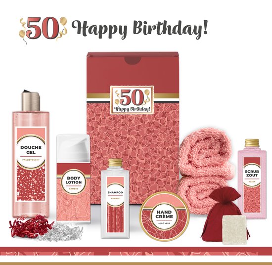 Foto: Geschenkset 50 jaar happy birthday 8 producten 685 gram giftset voor haar luxe wellness cadeaubox cadeau vrouw gefeliciteerd set verjaardag geschenk jarige cadeaupakket moeder vriendin zus verjaardagscadeau rood