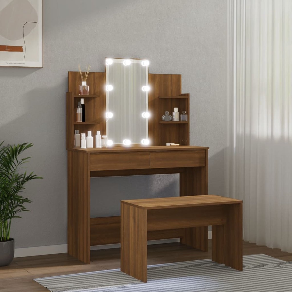 GranMaison Kaptafel met spiegel en verlichting - Make up tafel - Make up - Toilettafel -Met lades - Bankje - 96 x 40 x 142 cm - Bruineiken