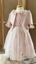 luxe feestjurk met jasje en tasje-tulen jurk-galajurk-vintage jurk-strikjes print-bruiloft-communie-fotoshoot-verjaardag-crème roze kleur-katoen-8 jaar maat 128