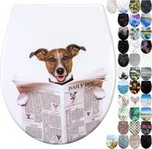 Toiletdeksel, wc-bril met softclosemechanisme, wc-deksel duroplast, wc-bril montage van bovenaf, demontage met één klik, patroon op 3 zijden van de toiletbril gedrukt (hond)