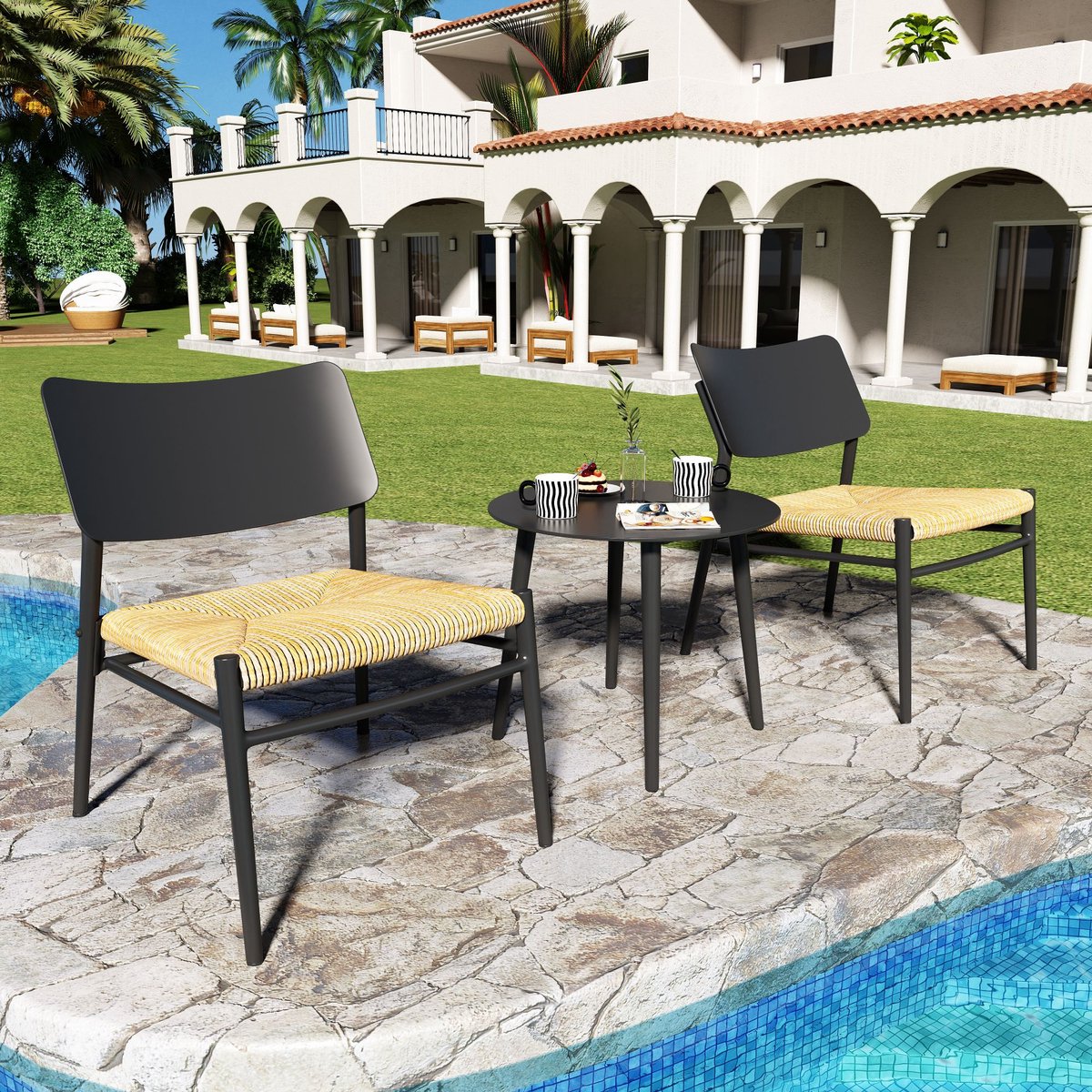 Sweiko Bistro set 3-delig aluminium balkonmeubel set, PE rotan, lading 150 kg, Geschikt voor binnenplaatsen, tuinen en balkons, Zwart