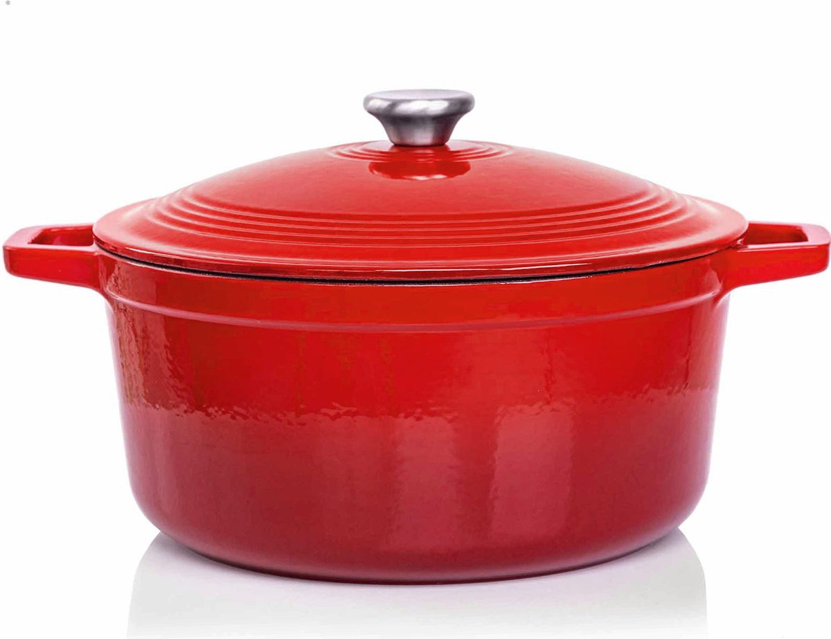 Braadpan en Stoofpot 6L- 28cm - Rode Lava Geëmailleerde Gietijzeren - Compatibel met Alle Kookoppervlakken, Inclusief Inductie